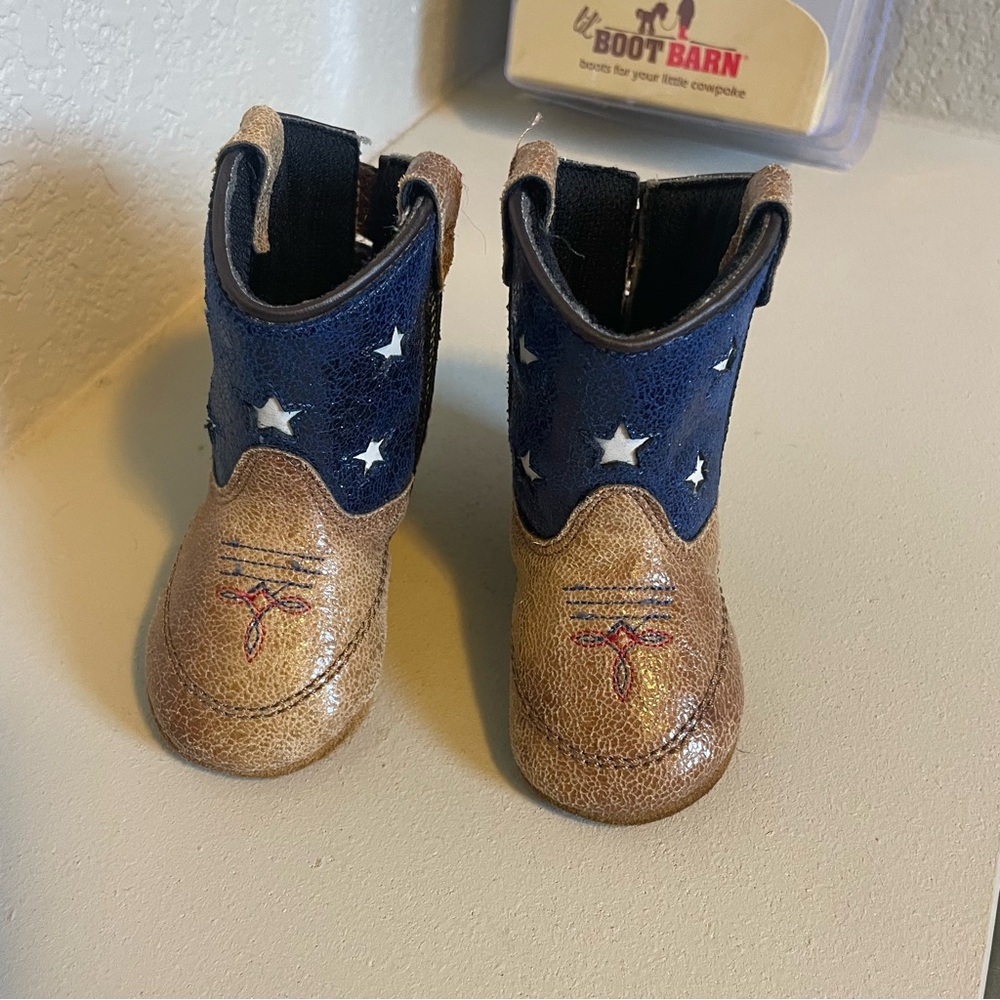 Brown and Blue Cowboy Boots with Decorative Stitching